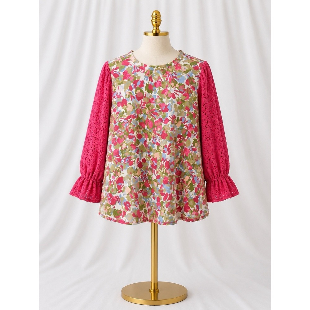 LOGO Lori Goldstein 3/4 Sleeve Top Eyelet Lace Sleeve Pink Rose Cloud Pockets 1x